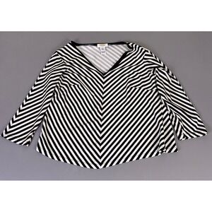 Talbots Top Womens Plus 1X Black White Striped V-Neck 3/4 Sleeve Rayon Spandex *